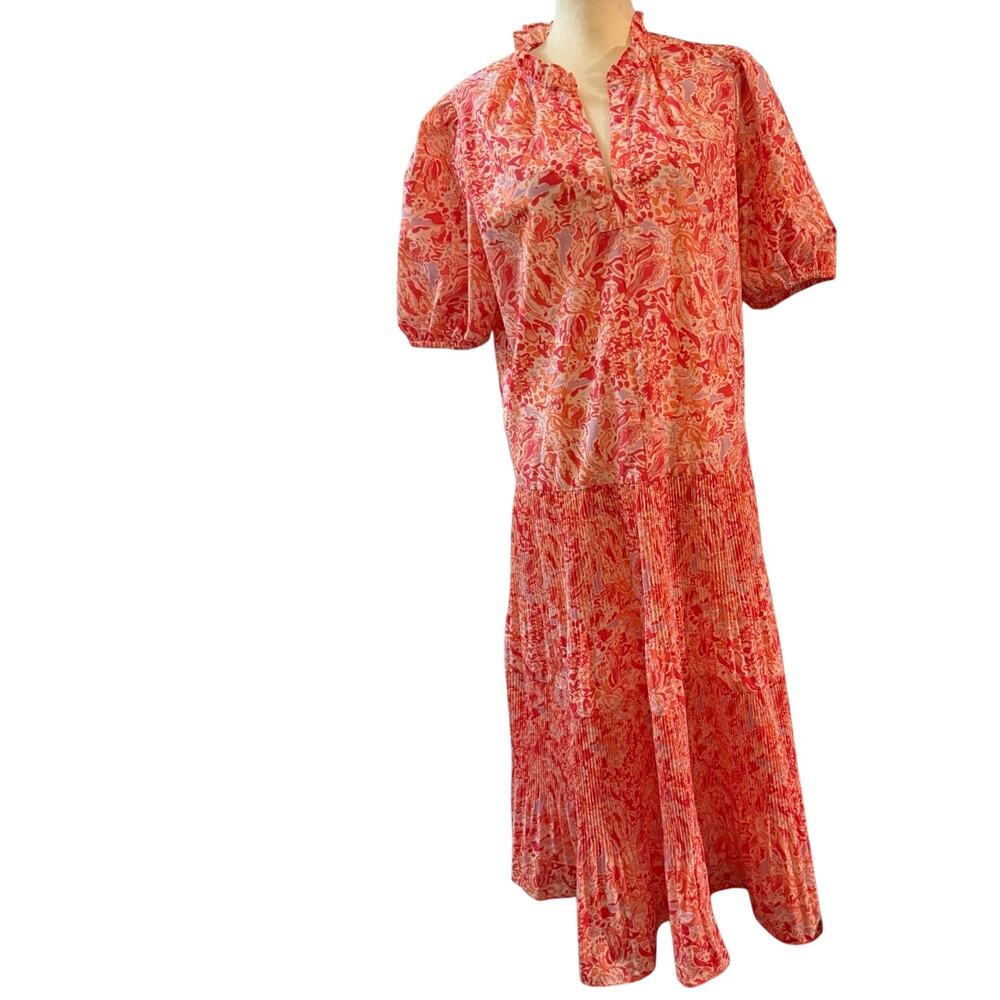 Current Air Coral Paisley Print Smocked Midi Dress, Puff Sleeve, Medium